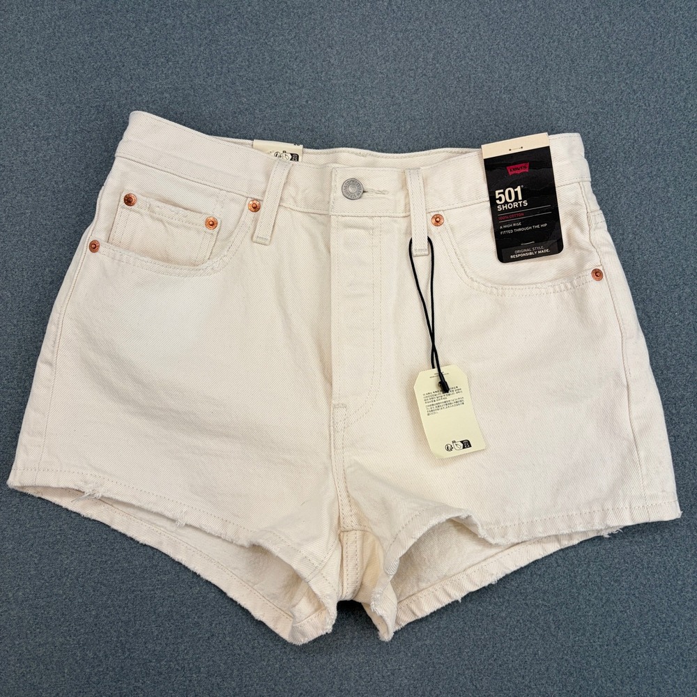 Levis 501 Original High Rise Denim Shorts Cream Off-White 28 New